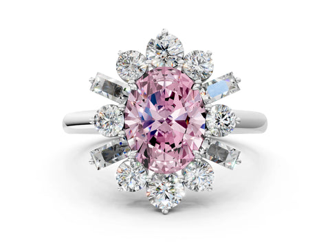 White gold Fancy Pink Oval Cut Diamond Cluster Ring with Round and Baguette Stones, Split Shank Band, Prong Setting