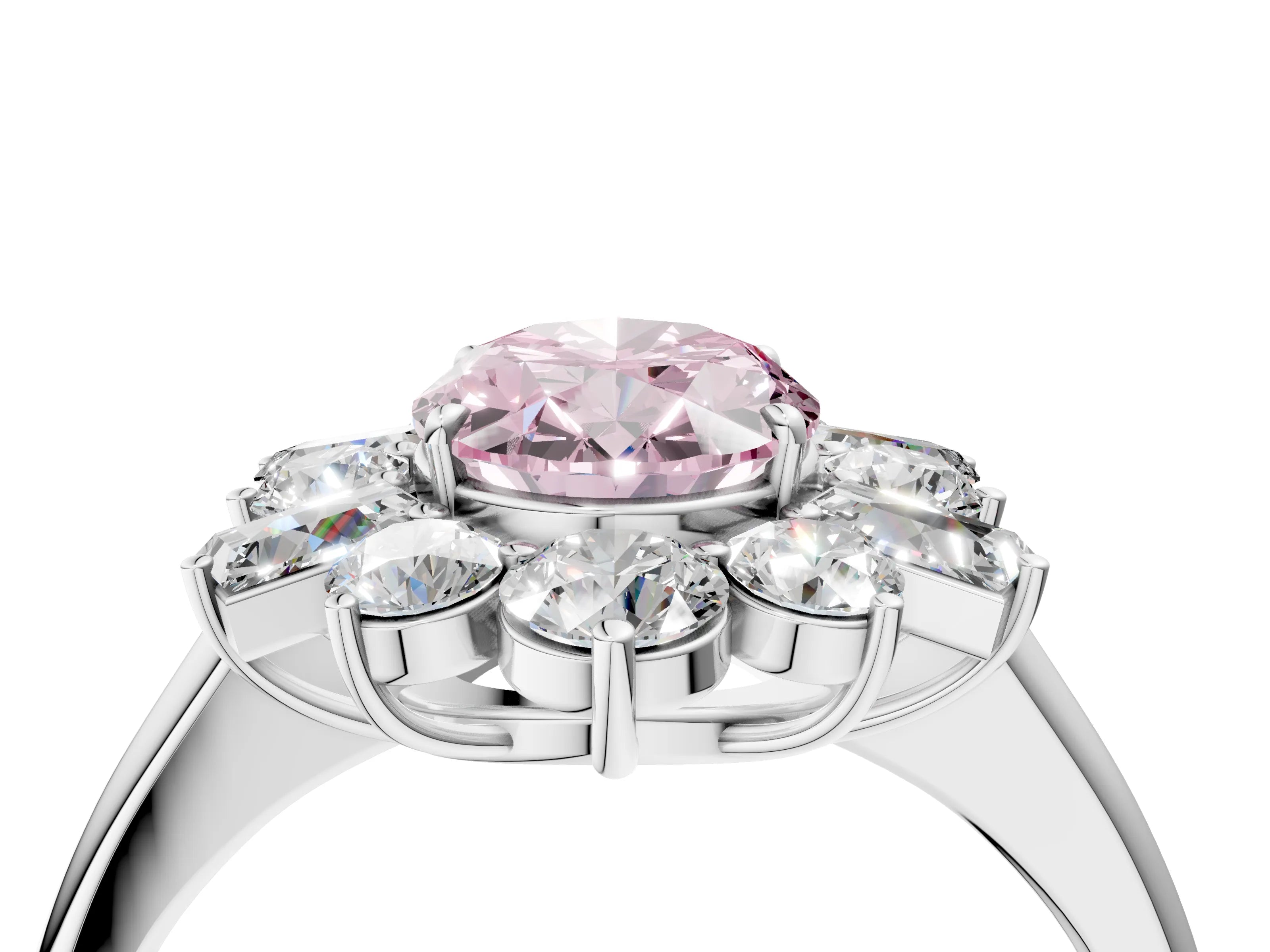 White gold Fancy Pink Oval Cut Diamond Cluster Ring with Round and Baguette Stones, Split Shank Band, Prong Setting_4