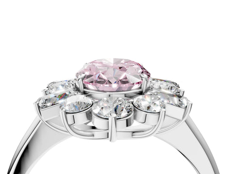 White gold Fancy Pink Oval Cut Diamond Cluster Ring with Round and Baguette Stones, Split Shank Band, Prong Setting_4