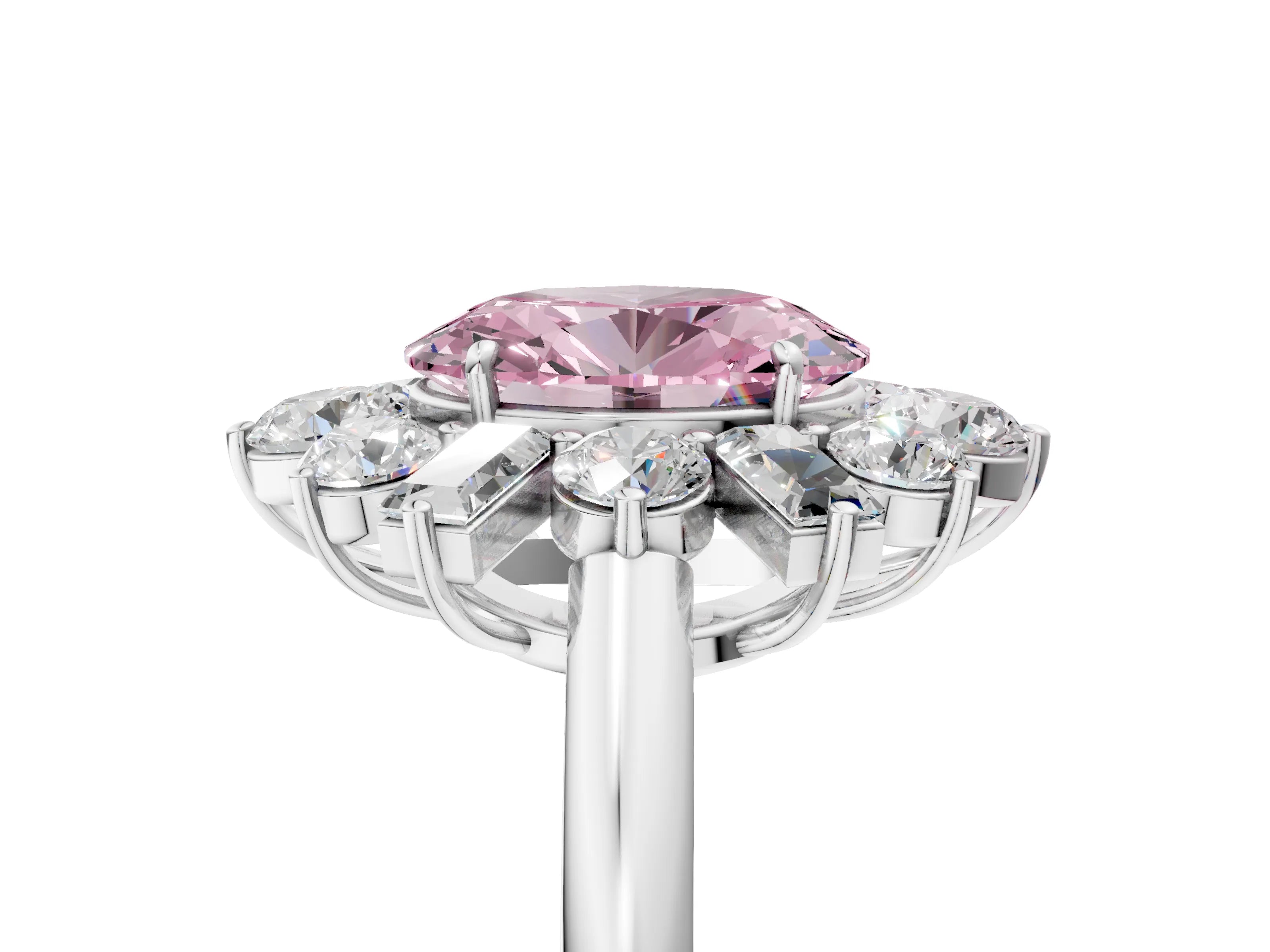 White gold Fancy Pink Oval Cut Diamond Cluster Ring with Round and Baguette Stones, Split Shank Band, Prong Setting_5