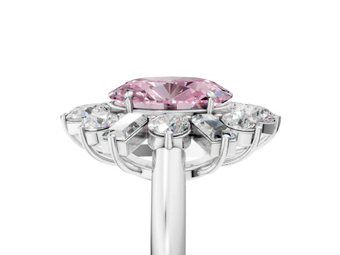 White gold Fancy Pink Oval Cut Diamond Cluster Ring with Round and Baguette Stones, Split Shank Band, Prong Setting_5