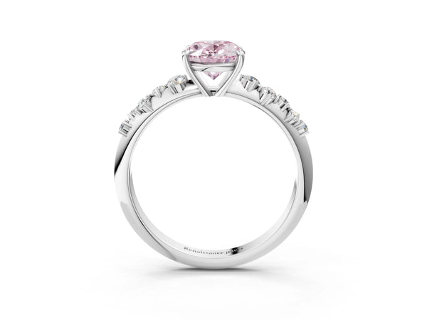 Platinum Fancy Pink Oval Cut Diamond Cluster Side Stone Solitaire Ring with Prong Setting