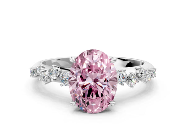 Platinum Fancy Pink Oval Cut Diamond Cluster Side Stone Solitaire Ring with Prong Setting