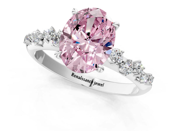 Platinum Fancy Pink Oval Cut Diamond Cluster Side Stone Solitaire Ring with Prong Setting