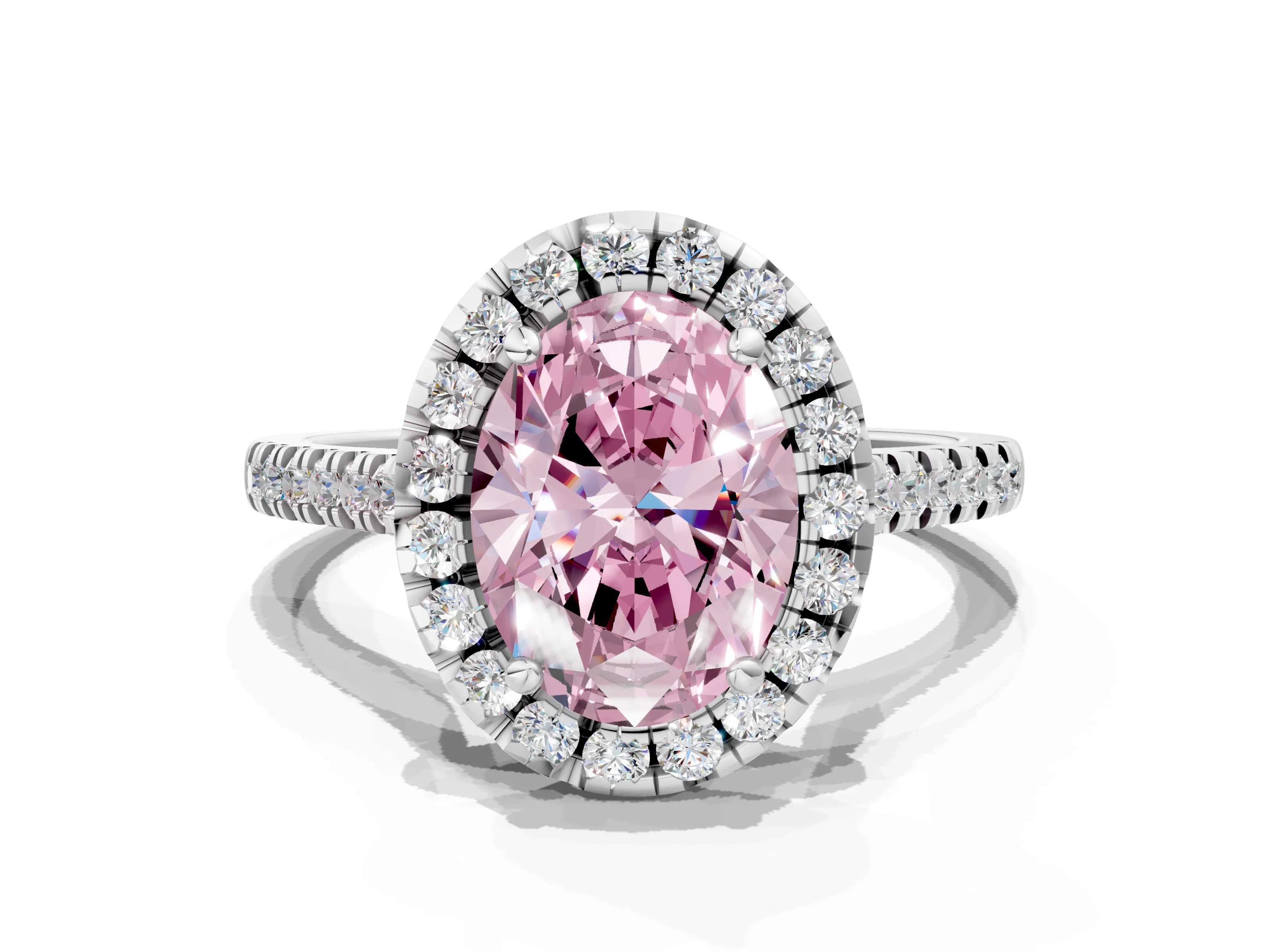 White gold Fancy Pink Oval Cut Diamond Cushion Halo Ring with Pavé Band