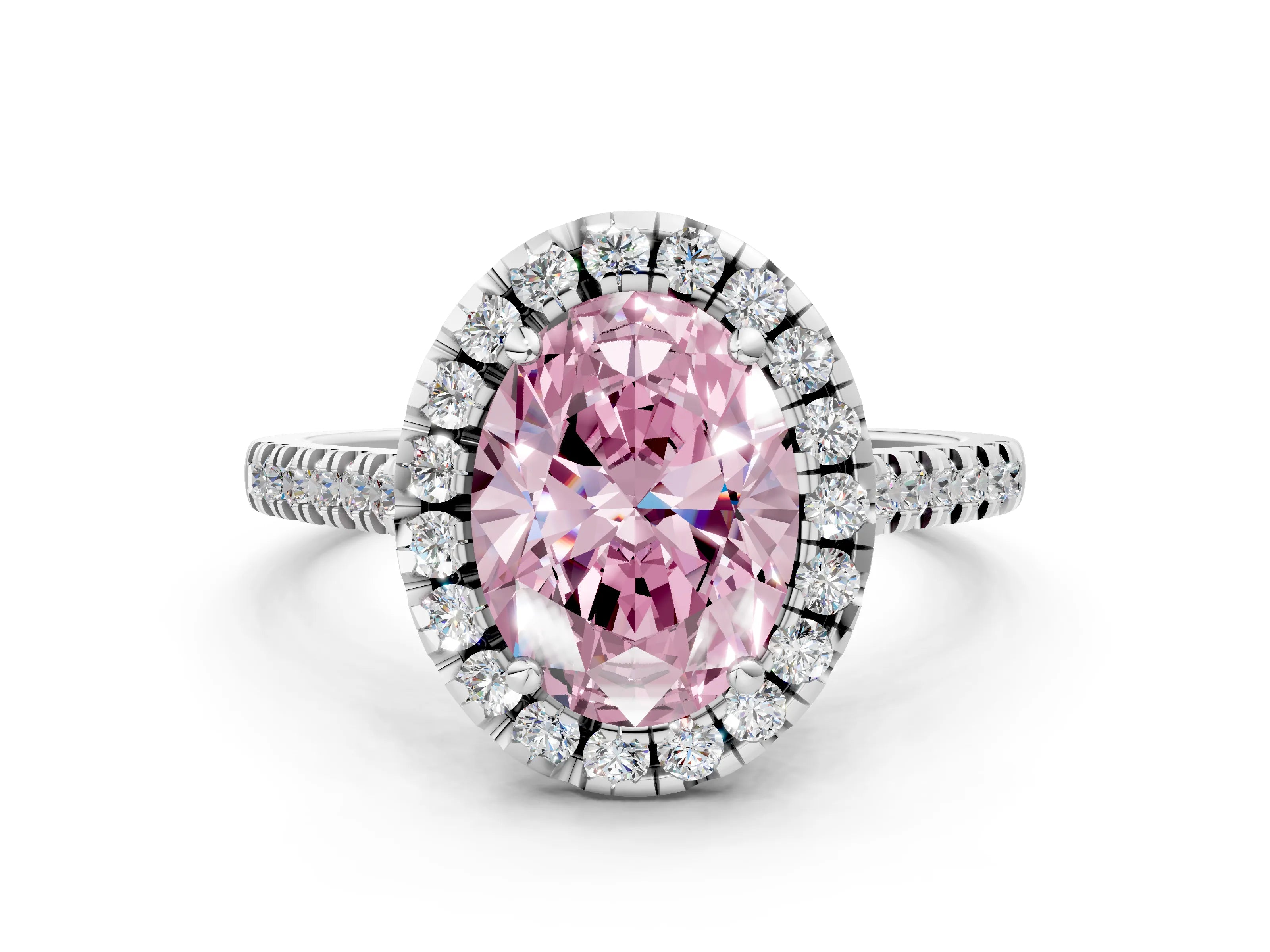 White gold Fancy Pink Oval Cut Diamond Cushion Halo Ring with Pavé Band_12