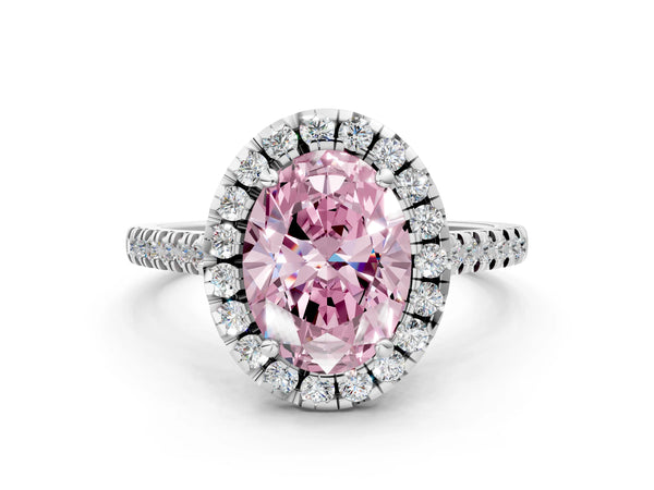 Platinum Fancy Pink Oval Cut Diamond Cushion Halo Ring with Pavé Band