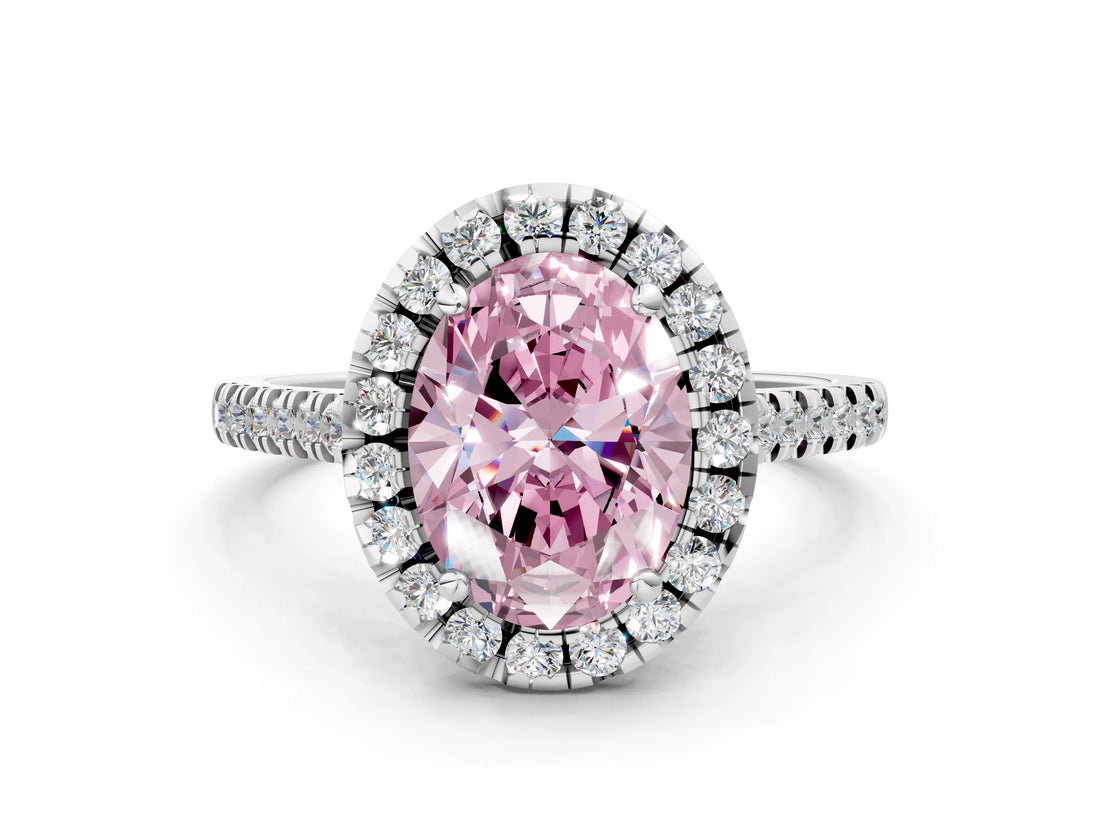 White gold Fancy Pink Oval Cut Diamond Cushion Halo Ring with Pavé Band_12
