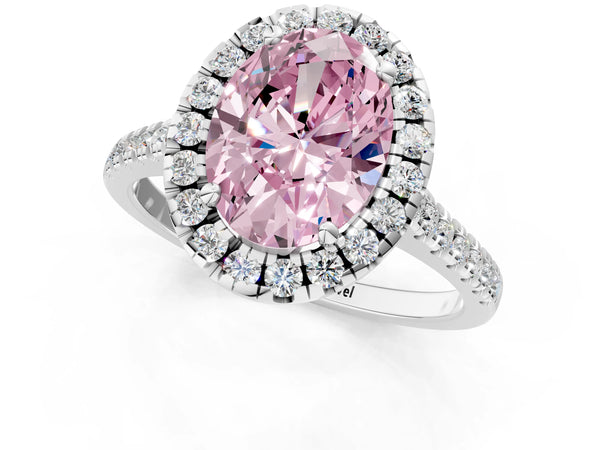 Platinum Fancy Pink Oval Cut Diamond Cushion Halo Ring with Pavé Band