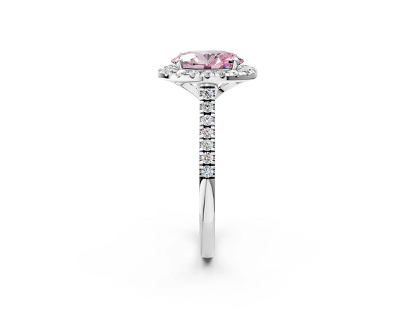 Platinum Fancy Pink Oval Cut Diamond Cushion Halo Ring with Pavé Band