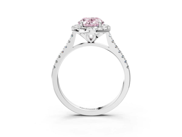 Platinum Fancy Pink Oval Cut Diamond Cushion Halo Ring with Pavé Band