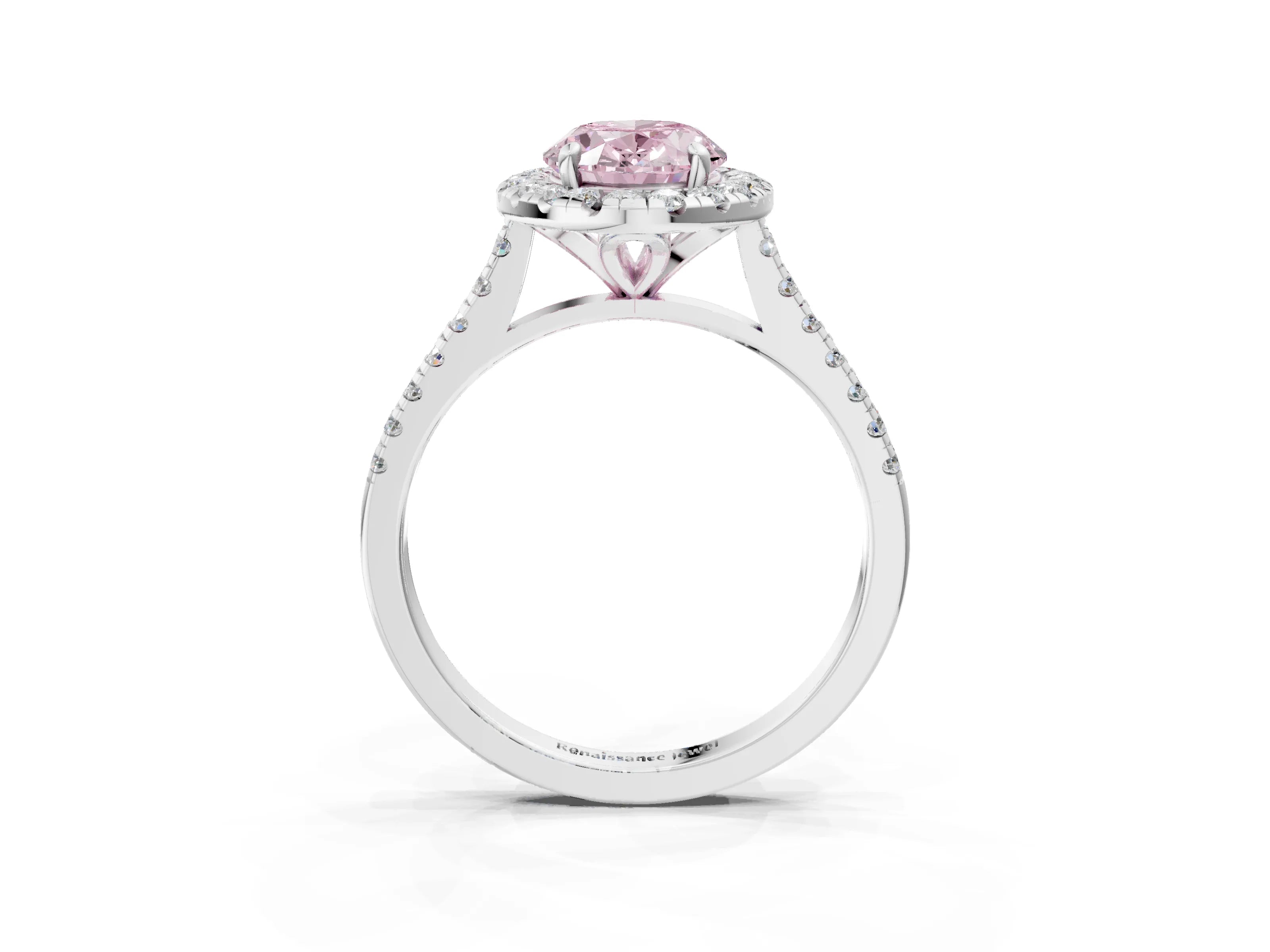 White gold Fancy Pink Oval Cut Diamond Cushion Halo Ring with Pavé Band_3