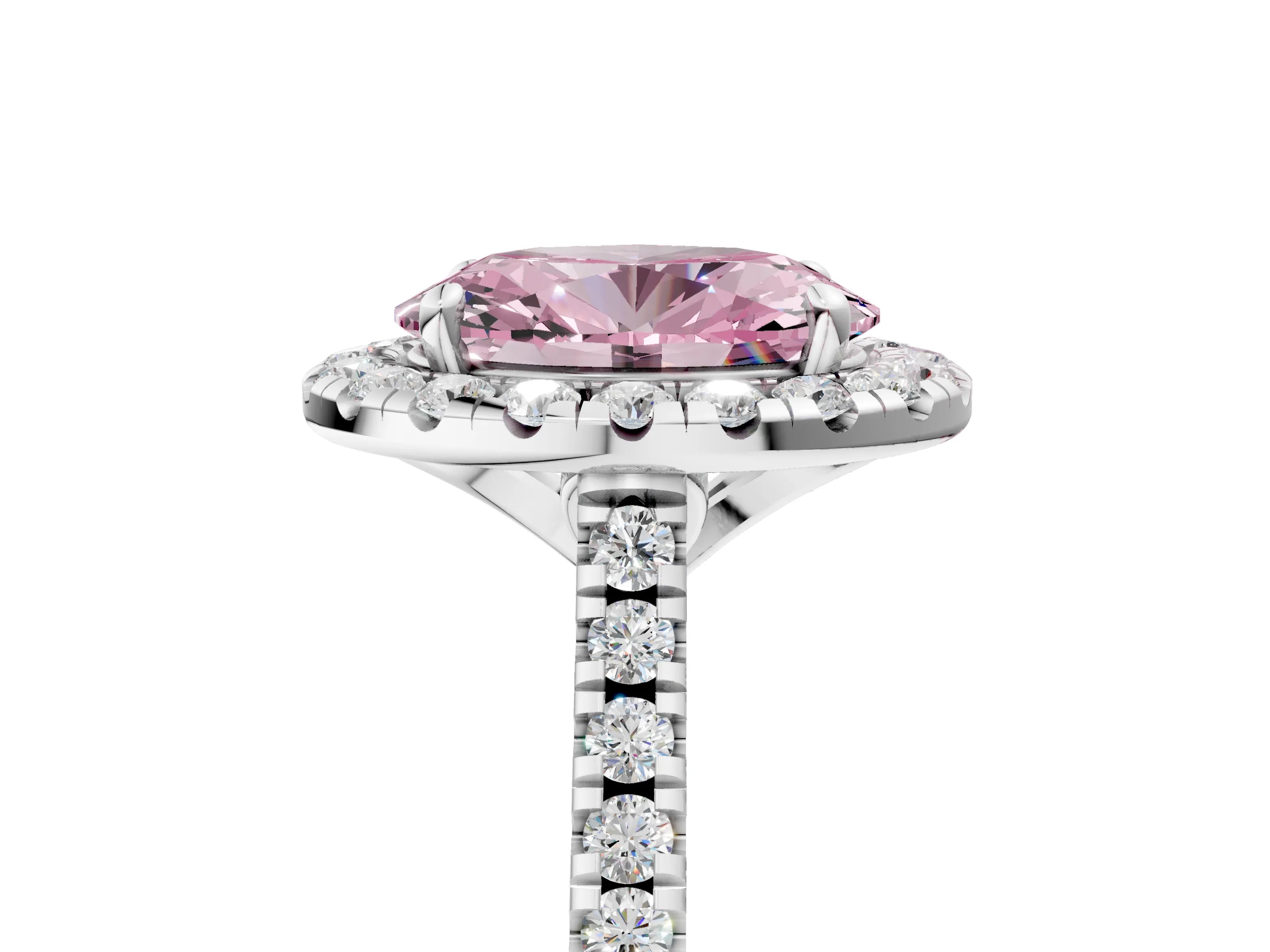 White gold Fancy Pink Oval Cut Diamond Cushion Halo Ring with Pavé Band_5