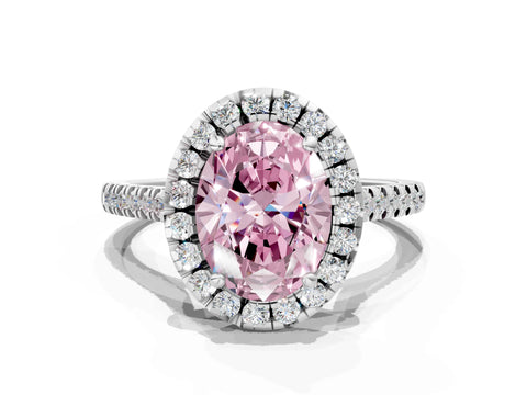 White gold Fancy Pink Oval Cut Diamond Cushion Halo Ring with Pavé Band