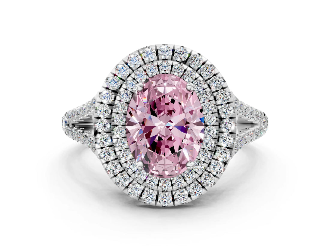 White gold Fancy Pink Oval Cut Diamond Double Halo Ring with Pavé Band and Prong Setting_96