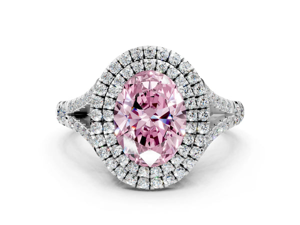 Platinum Fancy Pink Oval Cut Diamond Double Halo Ring with Split Shank and Prong Setting