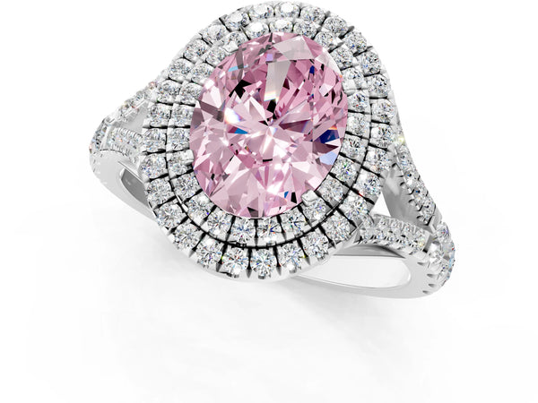 Platinum Fancy Pink Oval Cut Diamond Double Halo Ring with Split Shank and Prong Setting