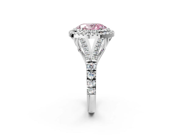 Platinum Fancy Pink Oval Cut Diamond Double Halo Ring with Split Shank and Prong Setting