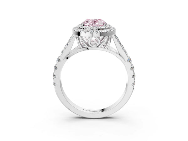 Platinum Fancy Pink Oval Cut Diamond Double Halo Ring with Split Shank and Prong Setting