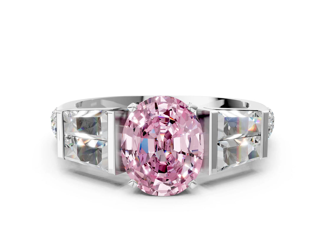 White gold Fancy Pink Oval Cut Diamond Engagement Ring with Baguette Side Stones and Channel Set Band_32