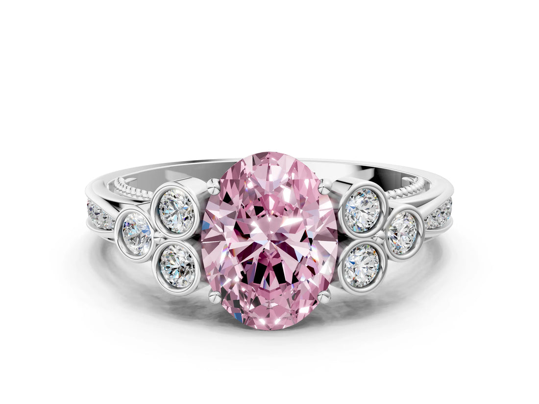 White gold Fancy Pink Oval  Cut Diamond Engagement Ring with Bezel Set Round Side Stones and Prong Setting_49
