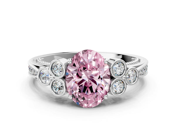 Platinum Fancy Pink Oval  Cut Diamond Engagement Ring with Bezel Set Round Side Stones and Prong Setting