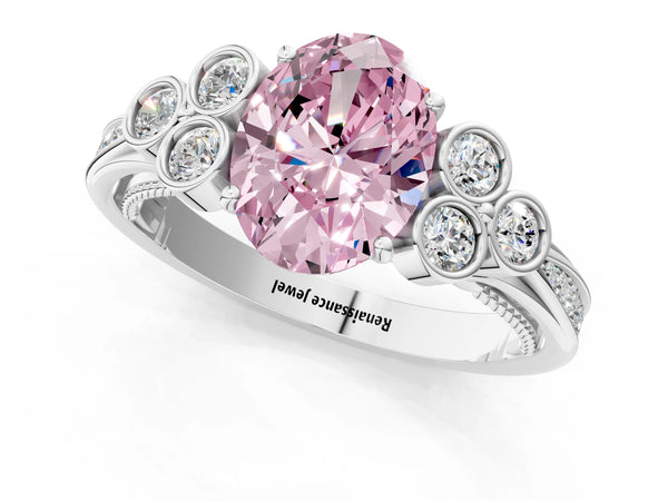 Platinum Fancy Pink Oval  Cut Diamond Engagement Ring with Bezel Set Round Side Stones and Prong Setting