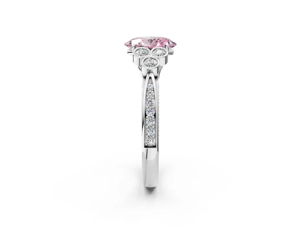 Platinum Fancy Pink Oval  Cut Diamond Engagement Ring with Bezel Set Round Side Stones and Prong Setting