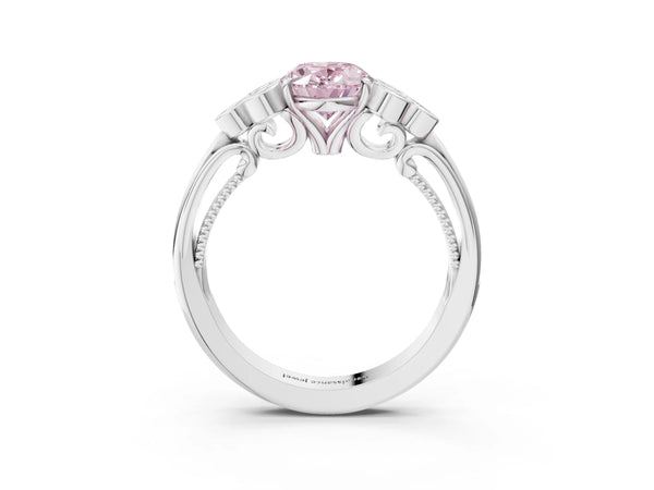 Platinum Fancy Pink Oval  Cut Diamond Engagement Ring with Bezel Set Round Side Stones and Prong Setting
