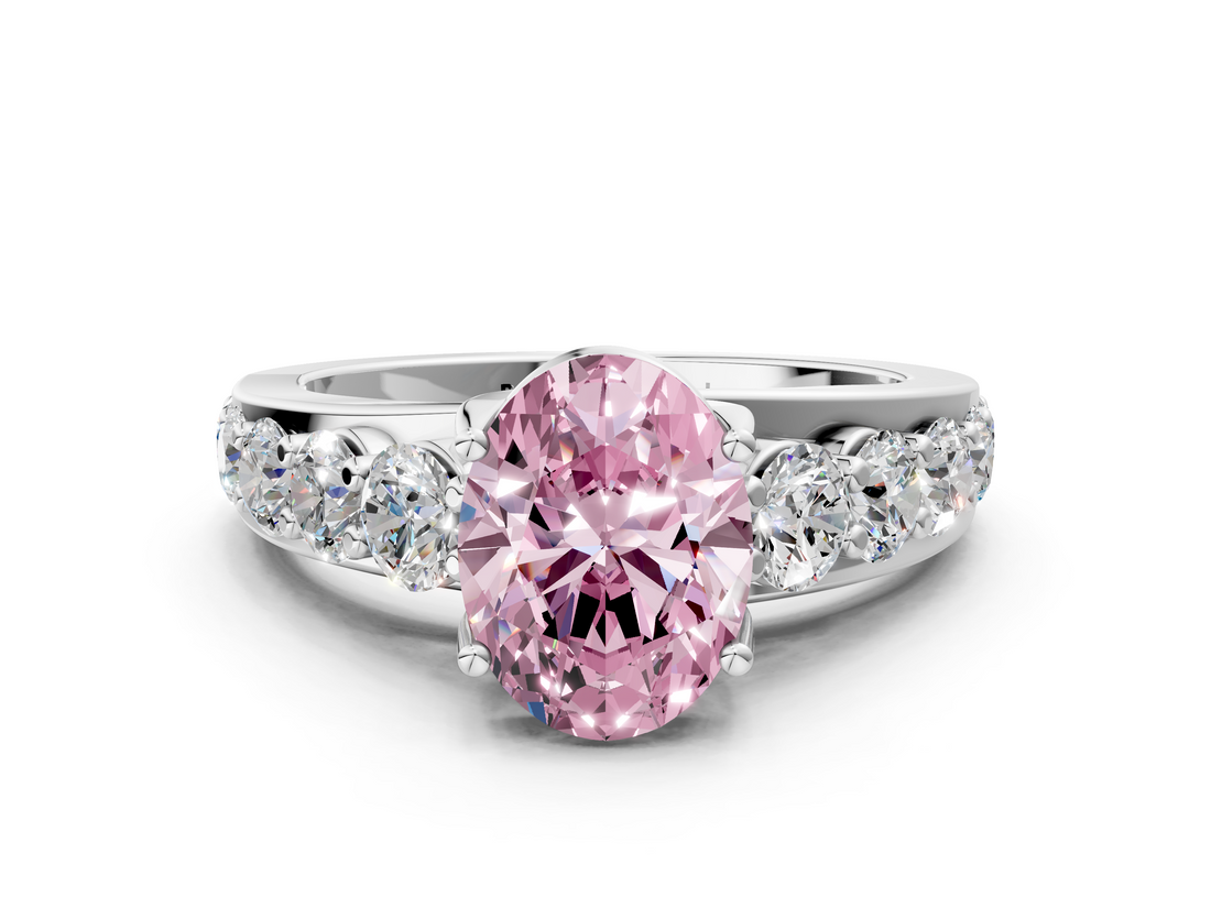 14K White Gold 2.51 Carat Pink VVS2 Oval Diamond Engagement Ring with Pavé Band and Four-Prong Setting