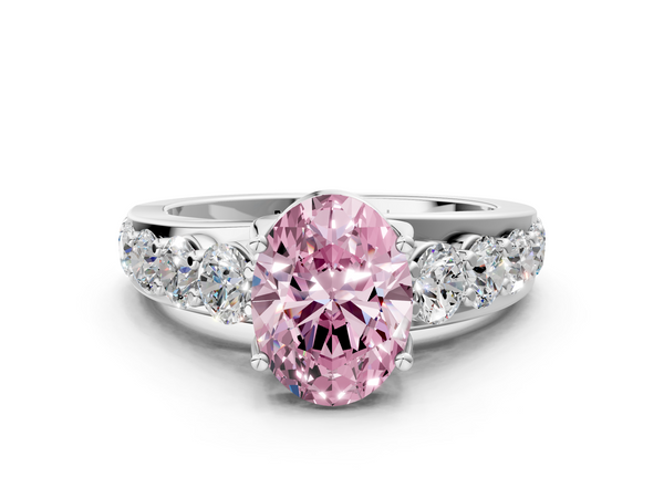 14K White Gold 2.51 Carat Pink VVS2 Oval Diamond Engagement Ring with Pavé Band and Four-Prong Setting
