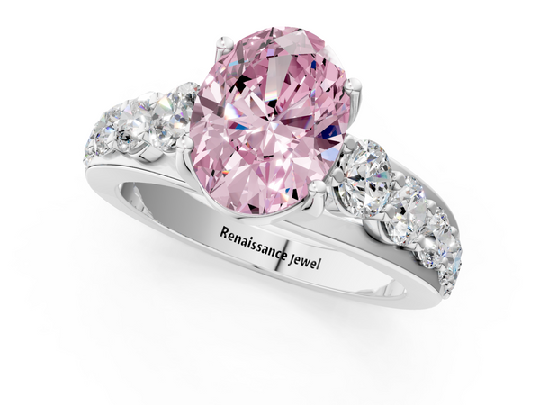 14K White Gold 2.51 Carat Pink VVS2 Oval Diamond Engagement Ring with Pavé Band and Four-Prong Setting