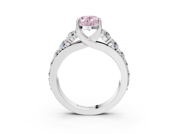 14K White Gold 2.51 Carat Pink VVS2 Oval Diamond Engagement Ring with Pavé Band and Four-Prong Setting