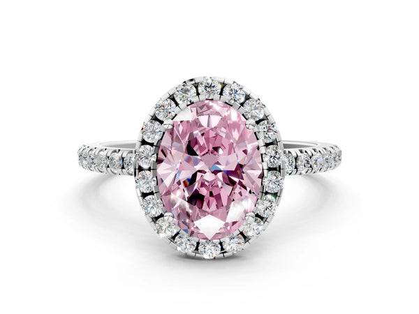 Platinum Fancy Pink Oval  Cut Diamond Floral Halo Engagement Ring with Pavé Band and Prong Setting