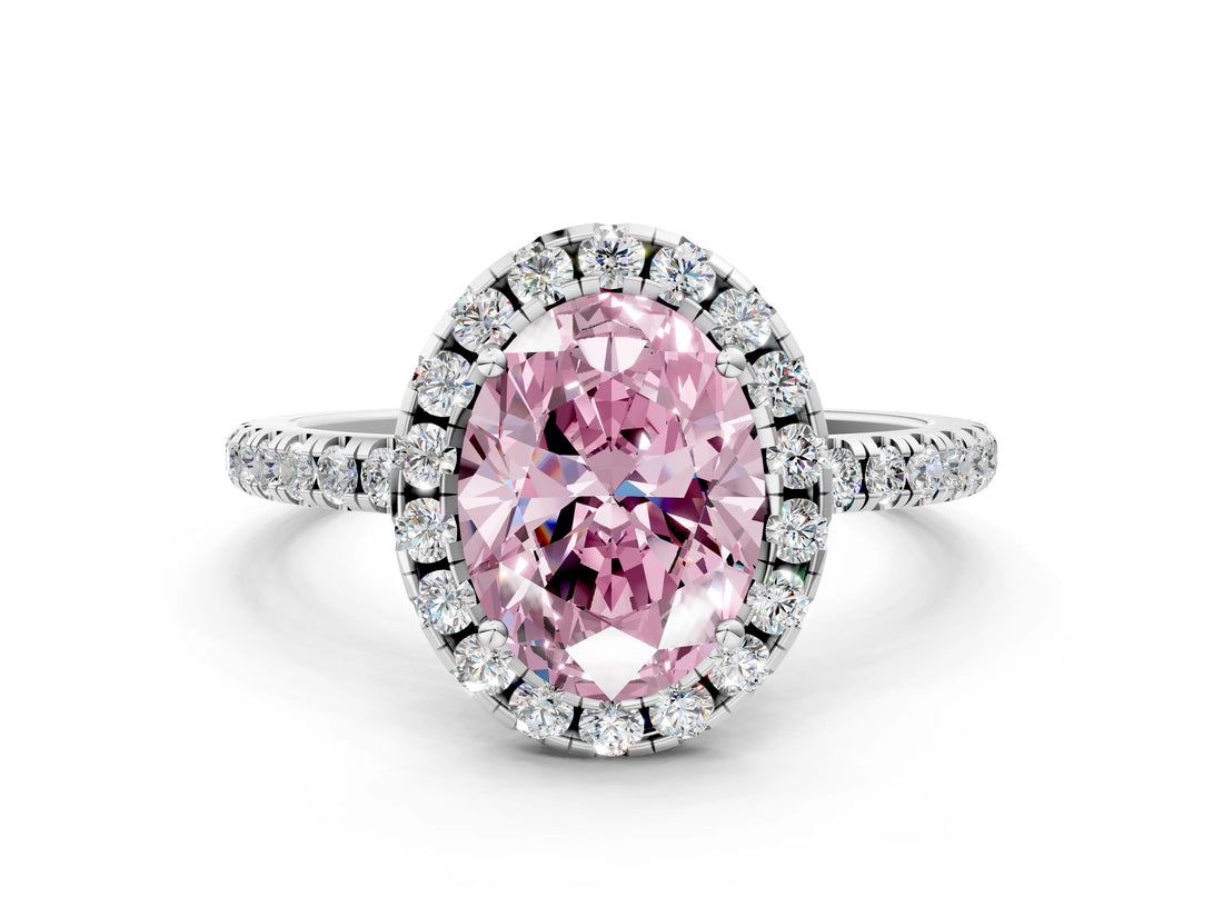 White gold Fancy Pink Oval  Cut Diamond Floral Halo Engagement Ring with Pavé Band and Prong Setting_49