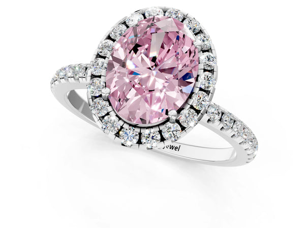 Platinum Fancy Pink Oval  Cut Diamond Floral Halo Engagement Ring with Pavé Band and Prong Setting