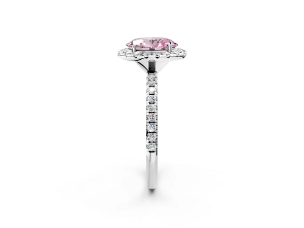 Platinum Fancy Pink Oval  Cut Diamond Floral Halo Engagement Ring with Pavé Band and Prong Setting