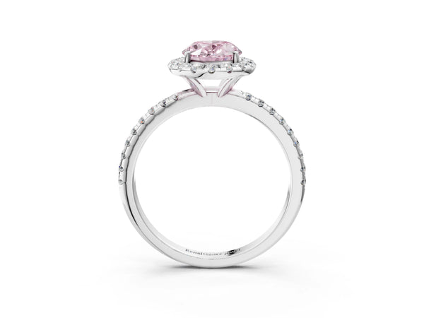 Platinum Fancy Pink Oval  Cut Diamond Floral Halo Engagement Ring with Pavé Band and Prong Setting