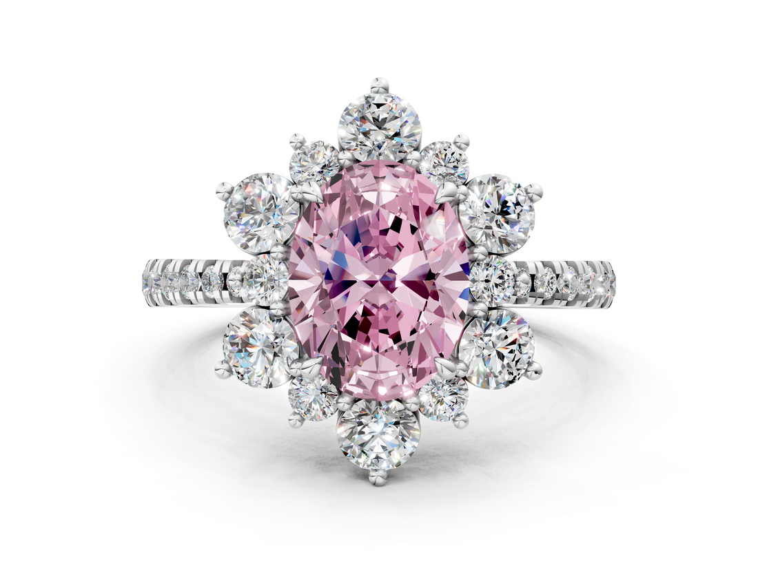 White gold Fancy Pink Oval  Cut Diamond Floral Halo Pave Band with Prong Setting_36