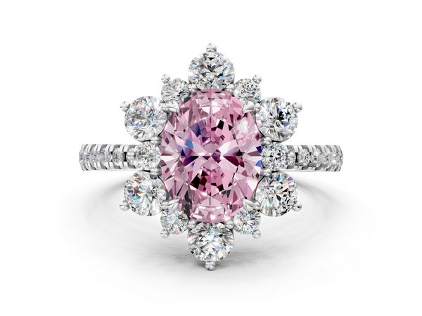 Platinum Fancy Pink Oval  Cut Diamond Floral Halo Pave Band with Prong Setting