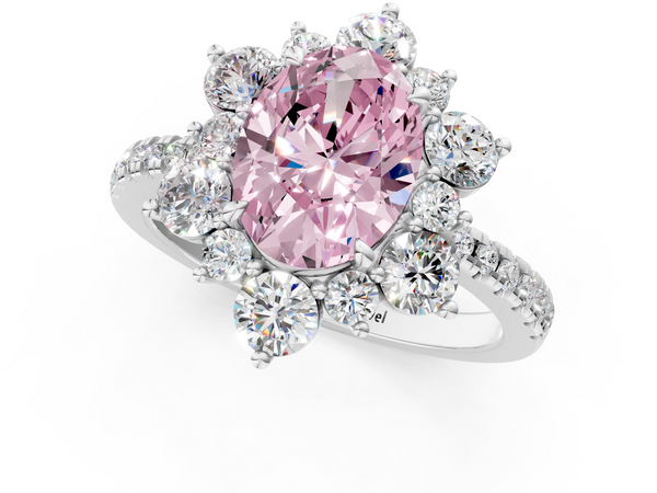 Platinum Fancy Pink Oval  Cut Diamond Floral Halo Pave Band with Prong Setting