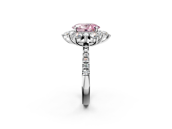 Platinum Fancy Pink Oval  Cut Diamond Floral Halo Pave Band with Prong Setting