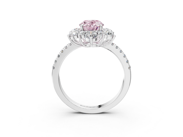 Platinum Fancy Pink Oval  Cut Diamond Floral Halo Pave Band with Prong Setting