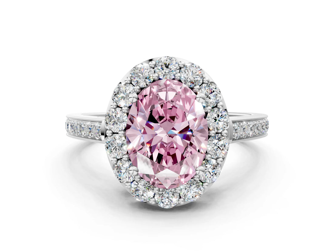 White gold Fancy Pink Oval Cut Diamond Floral Halo Ring with Pavé Band and Prong Setting_7