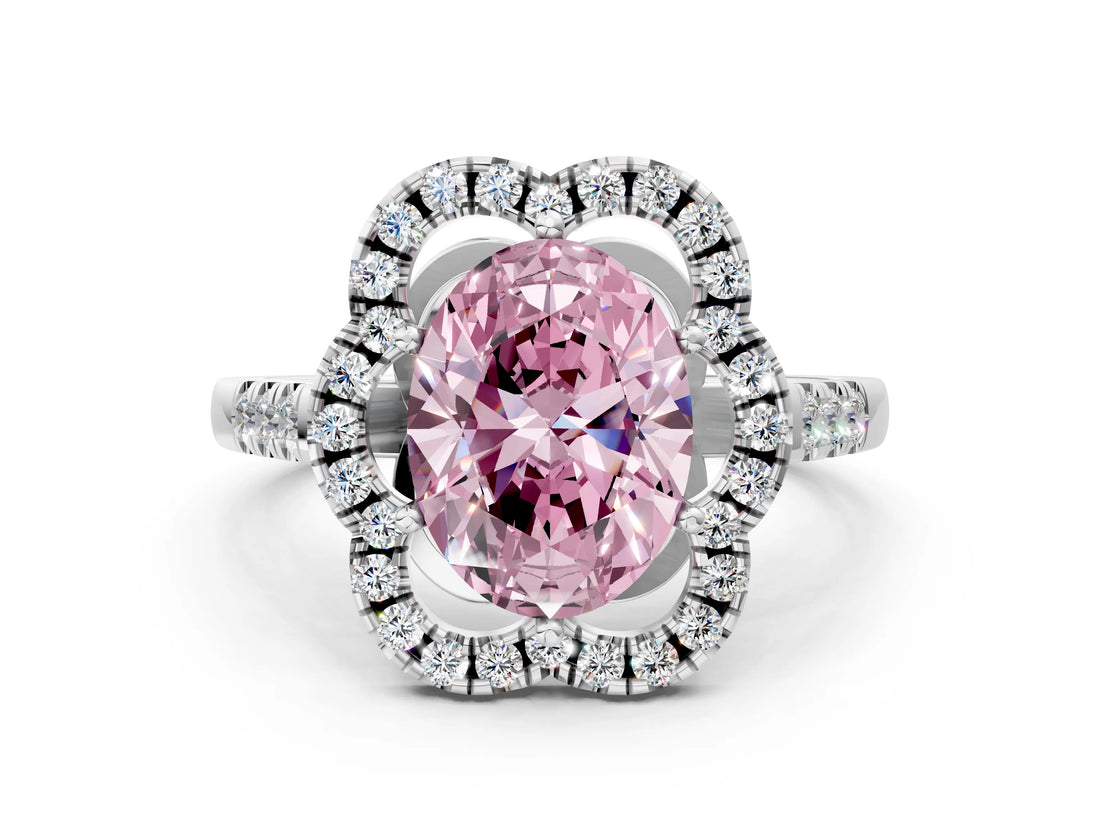 White gold Fancy Pink Oval Cut Diamond Floral Halo Split Shank Prong Setting Ring
