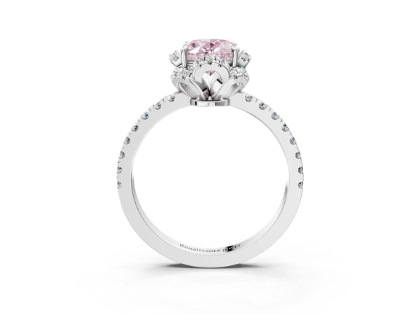 Platinum Fancy Pink Oval Cut Diamond Halo Pave Band with Four-Prong Setting