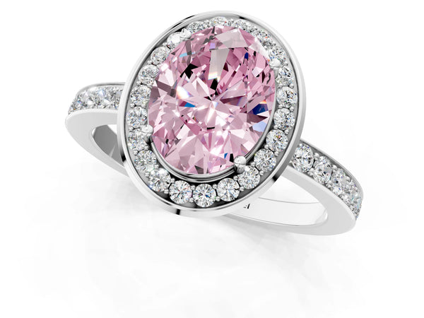 White gold Fancy Pink Oval Cut Diamond Halo Ring with Bezel Frame and Pavé Band