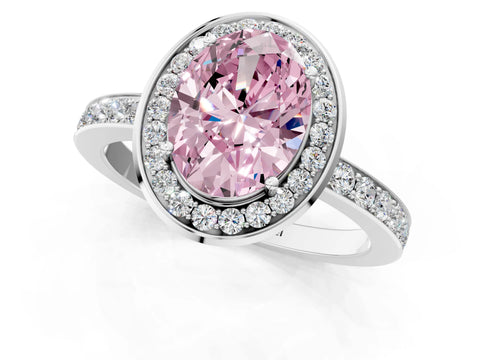 White gold Fancy Pink Oval Cut Diamond Halo Ring with Bezel Frame and Pavé Band_1