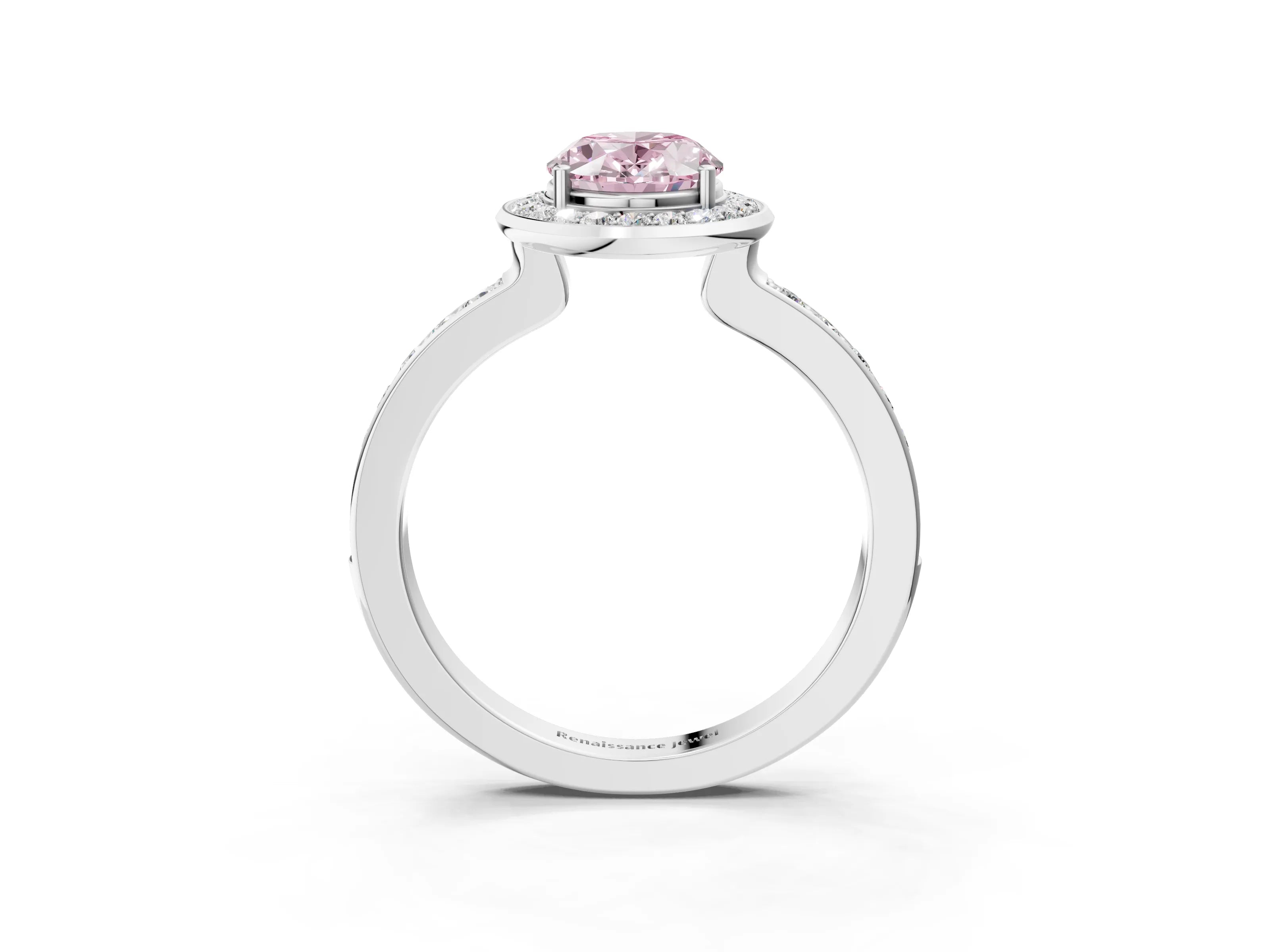 White gold Fancy Pink Oval Cut Diamond Halo Ring with Bezel Frame and Pavé Band_3