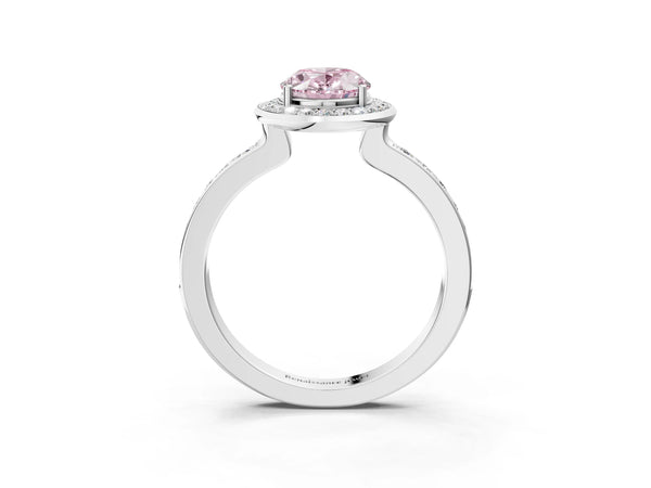 White gold Fancy Pink Oval Cut Diamond Halo Ring with Bezel Frame and Pavé Band